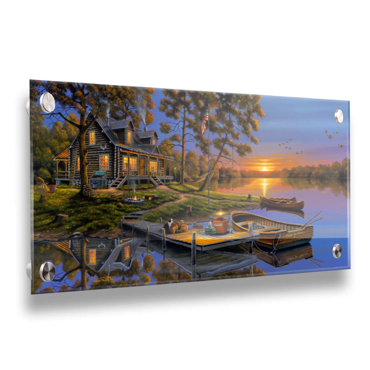 A painting of an American lakeside cabin at sunset, with boats on the water and geese overhead. Printed on acrylic.