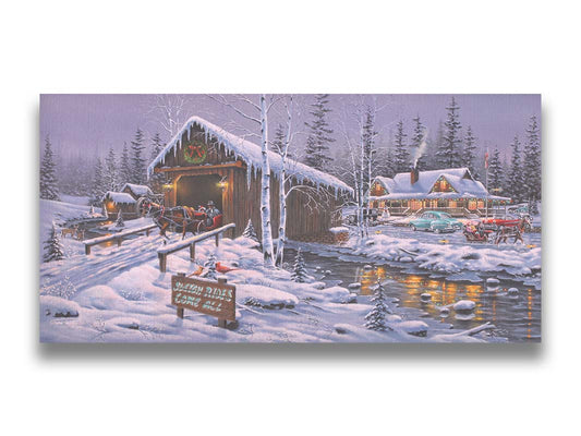 A painting of a holiday sleigh ride business, featuring cozy, snow-covered cabins and covered bridges crossing an icy stream. 1950s-styled cars sit parked in the snow, and horses pull sleighs down the roads. Printed on canvas.