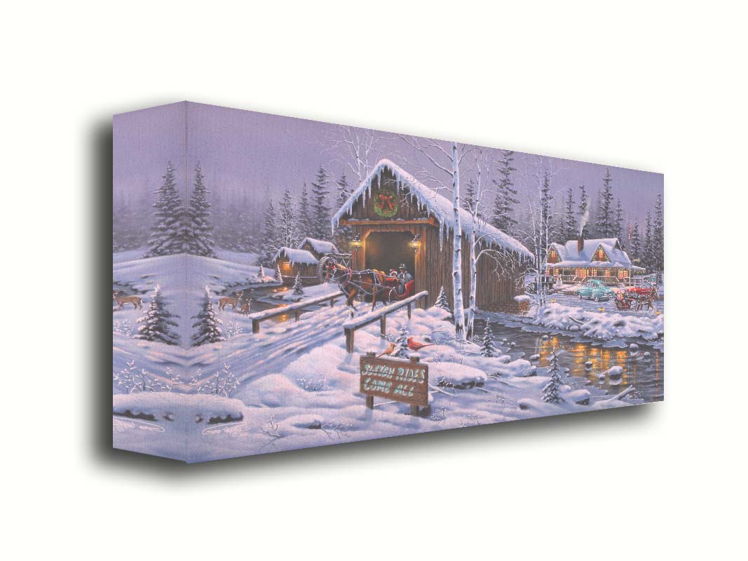 A painting of a holiday sleigh ride business, featuring cozy, snow-covered cabins and covered bridges crossing an icy stream. 1950s-styled cars sit parked in the snow, and horses pull sleighs down the roads. Printed on canvas.