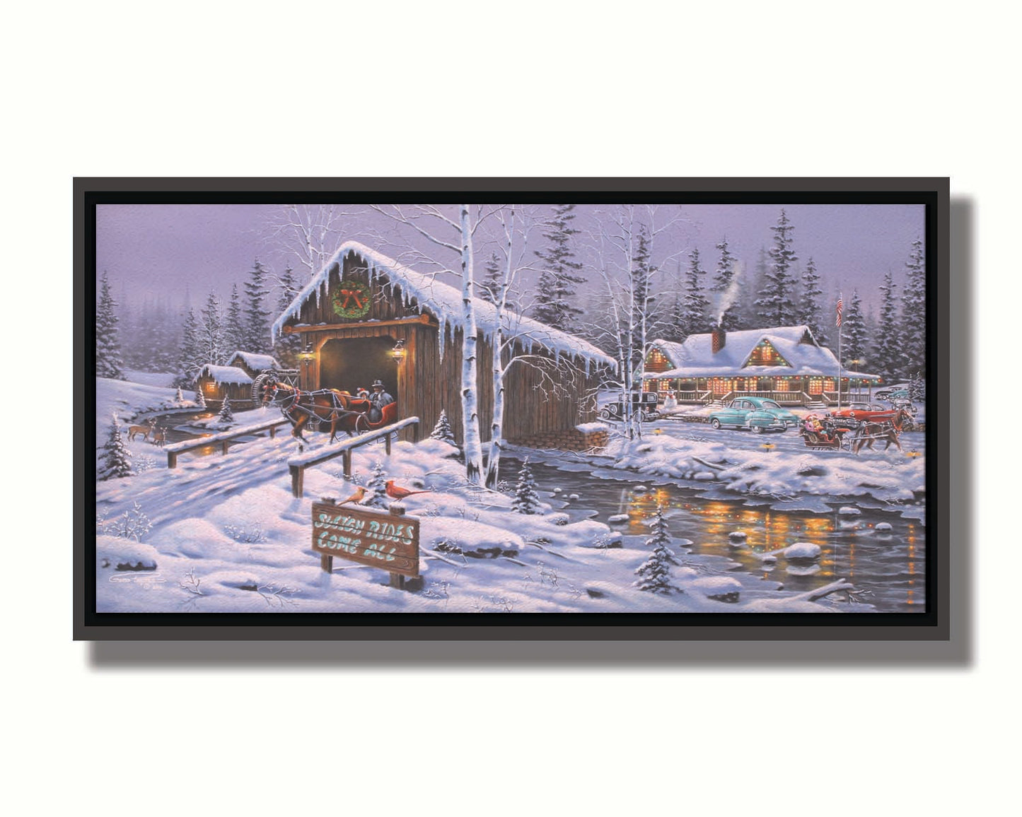 A painting of a holiday sleigh ride business, featuring cozy, snow-covered cabins and covered bridges crossing an icy stream. 1950s-styled cars sit parked in the snow, and horses pull sleighs down the roads. Printed on canvas in a float frame.