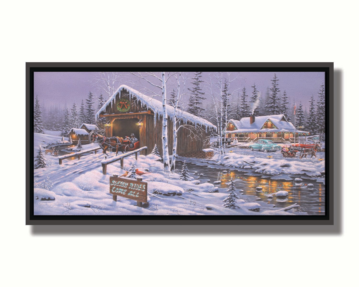 A painting of a holiday sleigh ride business, featuring cozy, snow-covered cabins and covered bridges crossing an icy stream. 1950s-styled cars sit parked in the snow, and horses pull sleighs down the roads. Printed on canvas in a float frame.