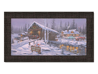 A painting of a holiday sleigh ride business, featuring cozy, snow-covered cabins and covered bridges crossing an icy stream. 1950s-styled cars sit parked in the snow, and horses pull sleighs down the roads. Printed on canvas and framed.