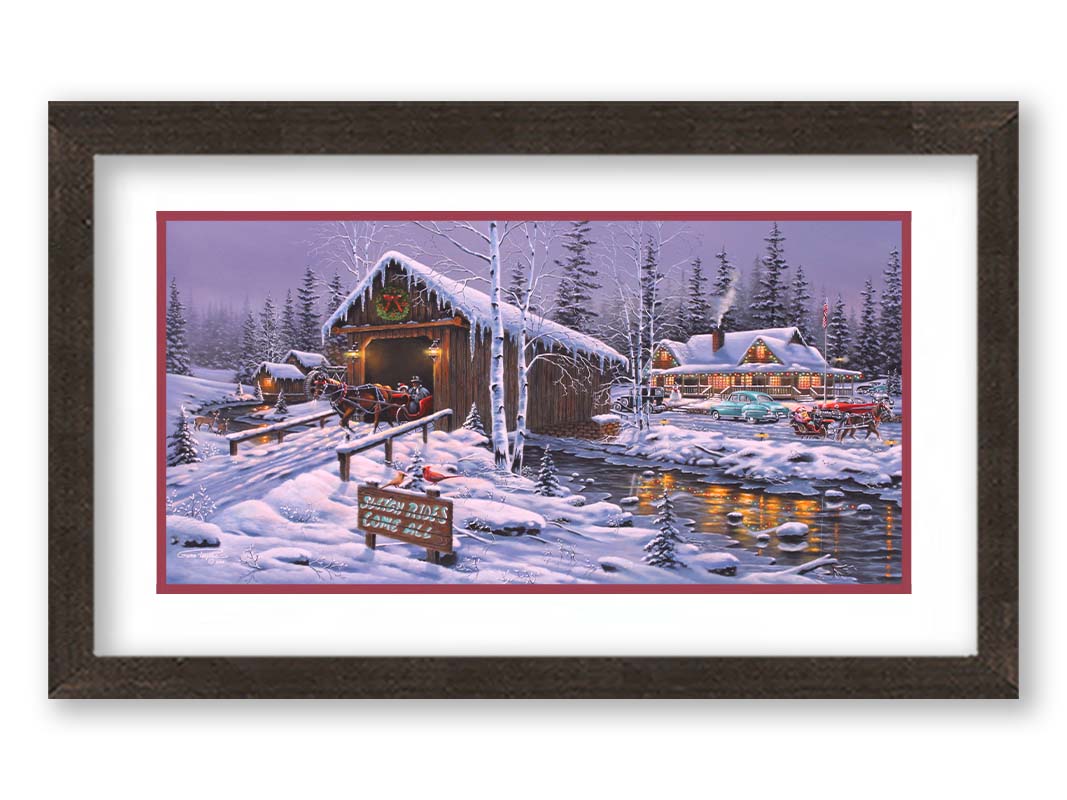 A painting of a holiday sleigh ride business, featuring cozy, snow-covered cabins and covered bridges crossing an icy stream. 1950s-styled cars sit parked in the snow, and horses pull sleighs down the roads. Printed on paper, matted, and framed.