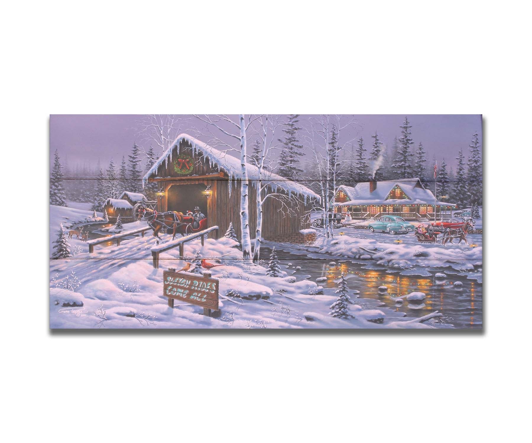 A painting of a holiday sleigh ride business, featuring cozy, snow-covered cabins and covered bridges crossing an icy stream. 1950s-styled cars sit parked in the snow, and horses pull sleighs down the roads. Printed on a box board.