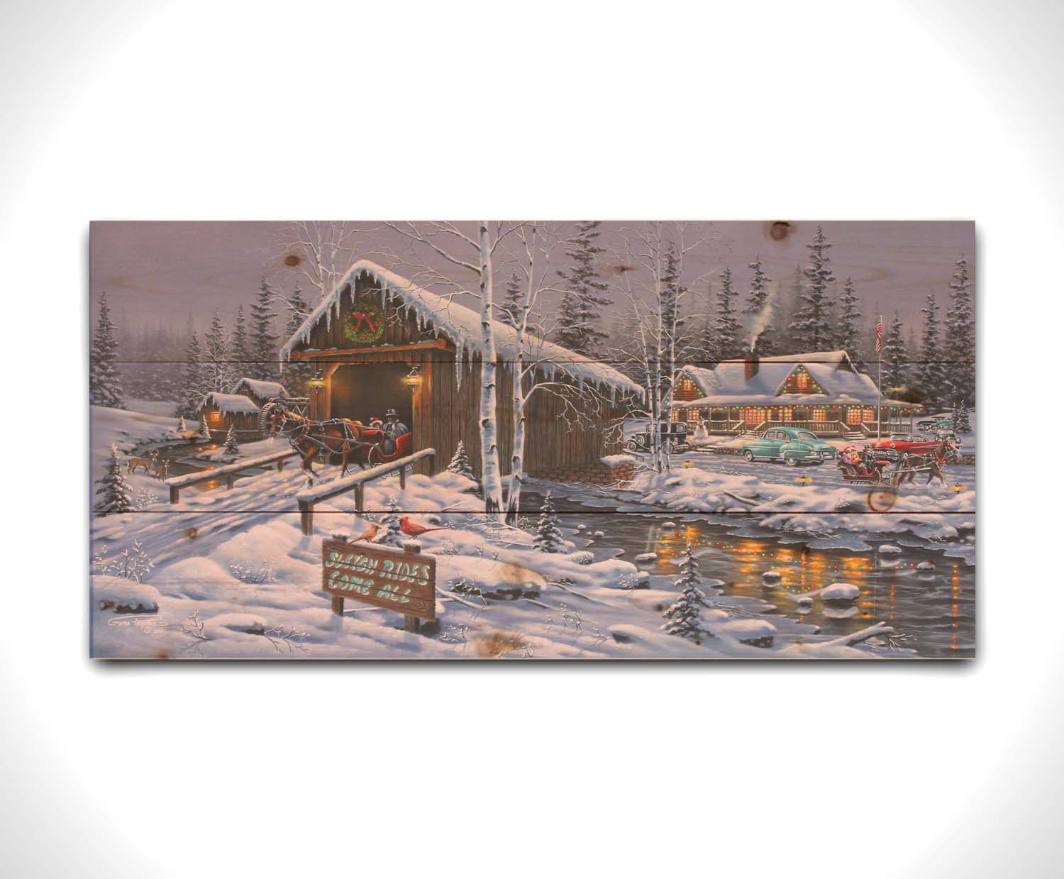 A painting of a holiday sleigh ride business, featuring cozy, snow-covered cabins and covered bridges crossing an icy stream. 1950s-styled cars sit parked in the snow, and horses pull sleighs down the roads. Printed on a wood pallet.