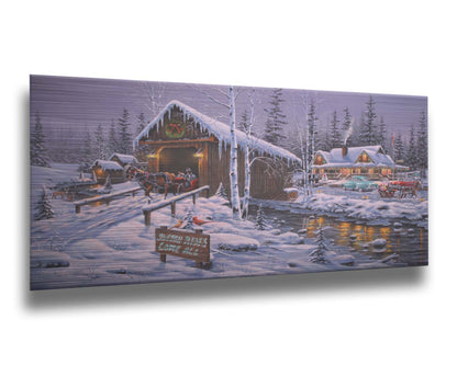 A painting of a holiday sleigh ride business, featuring cozy, snow-covered cabins and covered bridges crossing an icy stream. 1950s-styled cars sit parked in the snow, and horses pull sleighs down the roads. Printed on metal.