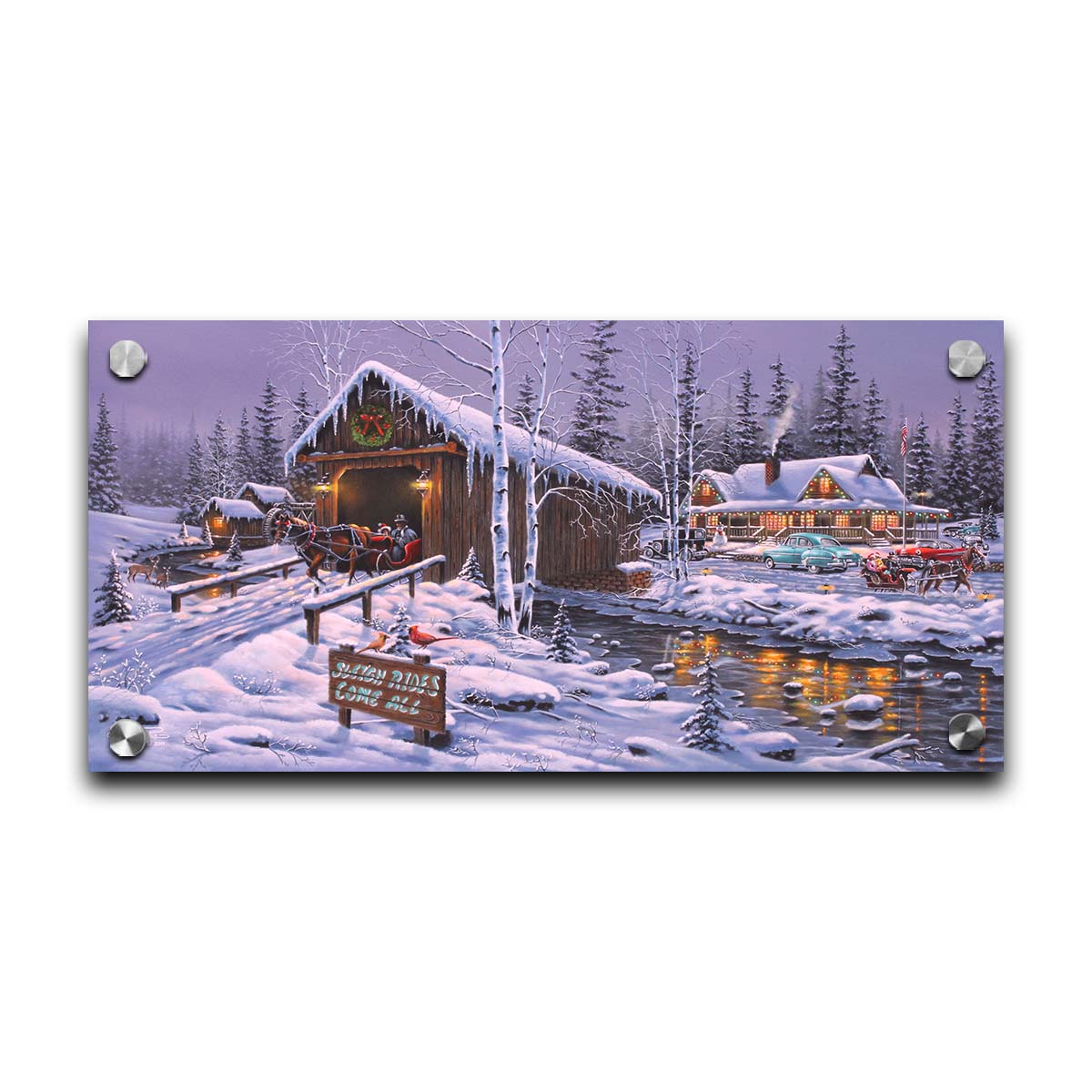 A painting of a holiday sleigh ride business, featuring cozy, snow-covered cabins and covered bridges crossing an icy stream. 1950s-styled cars sit parked in the snow, and horses pull sleighs down the roads. Printed on acrylic.