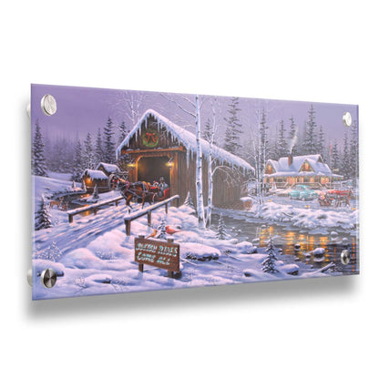 A painting of a holiday sleigh ride business, featuring cozy, snow-covered cabins and covered bridges crossing an icy stream. 1950s-styled cars sit parked in the snow, and horses pull sleighs down the roads. Printed on acrylic.