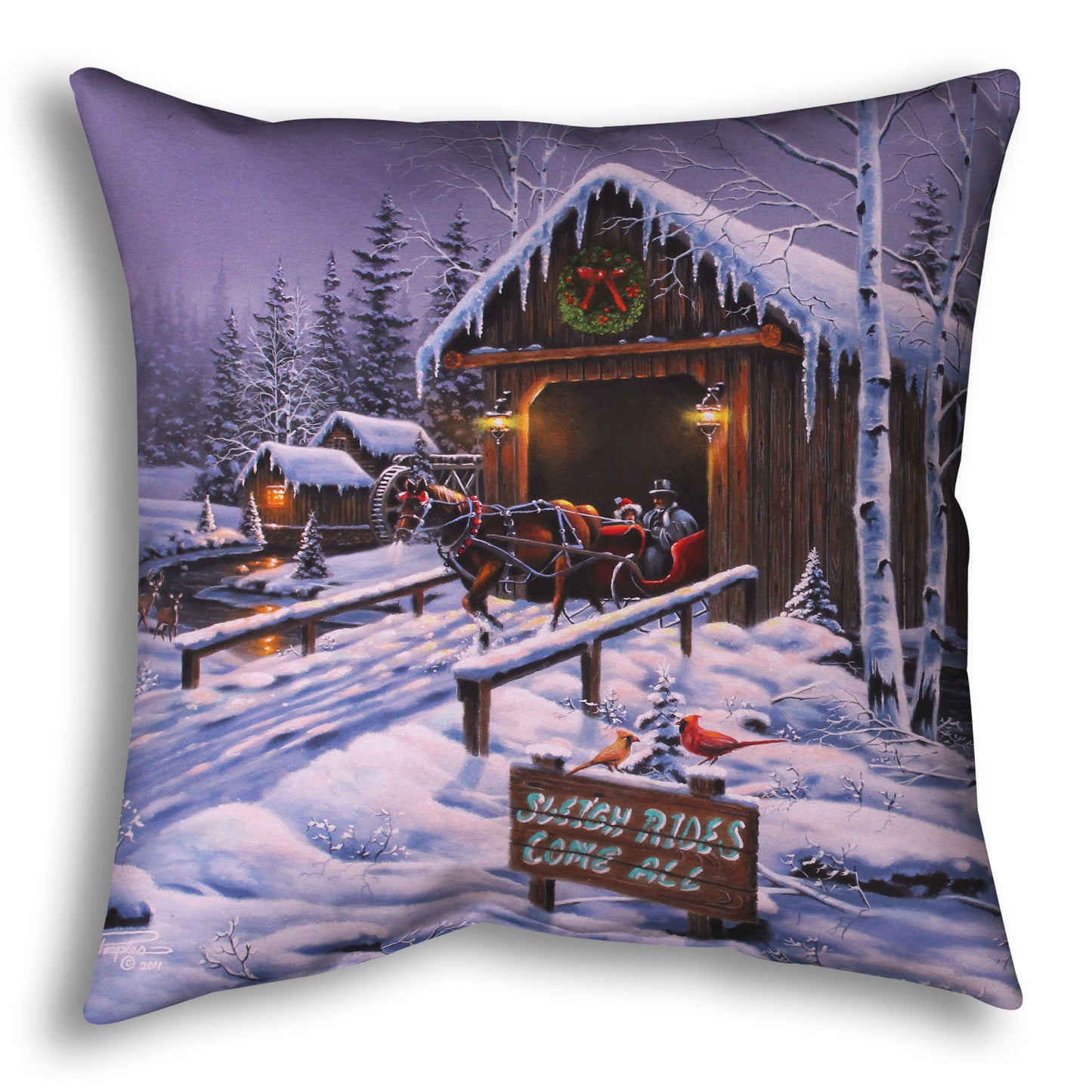 A woven throw blanket designed with a painting of people going for a ride in a horse-drawn sleigh on a snowy night.