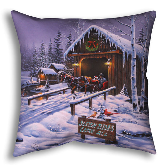 A woven throw blanket designed with a painting of people going for a ride in a horse-drawn sleigh on a snowy night.
