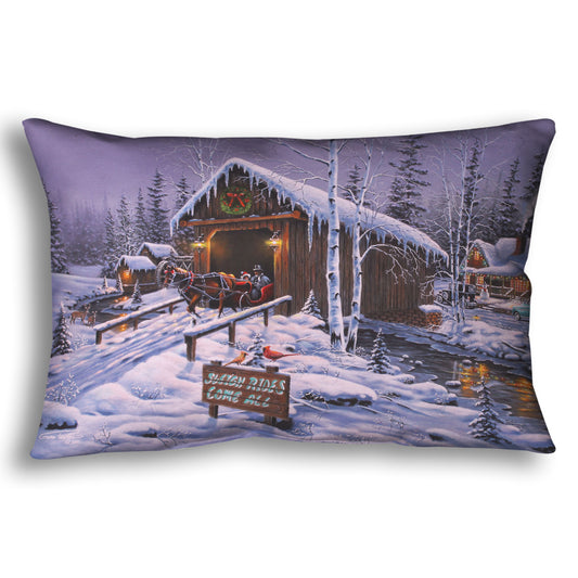 A woven throw blanket designed with a painting of people going for a ride in a horse-drawn sleigh on a snowy night.