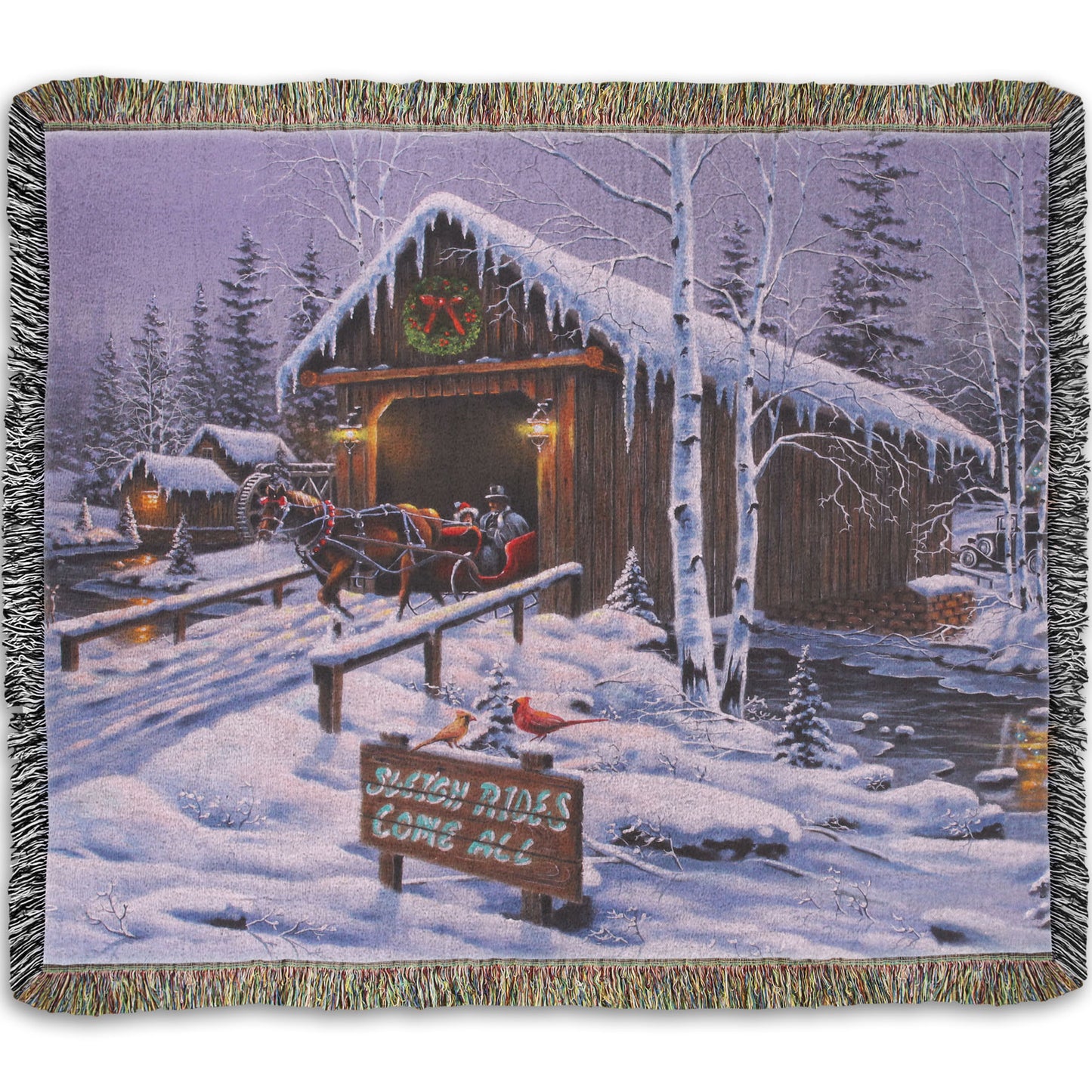A woven throw blanket designed with a painting of people going for a ride in a horse-drawn sleigh on a snowy night.