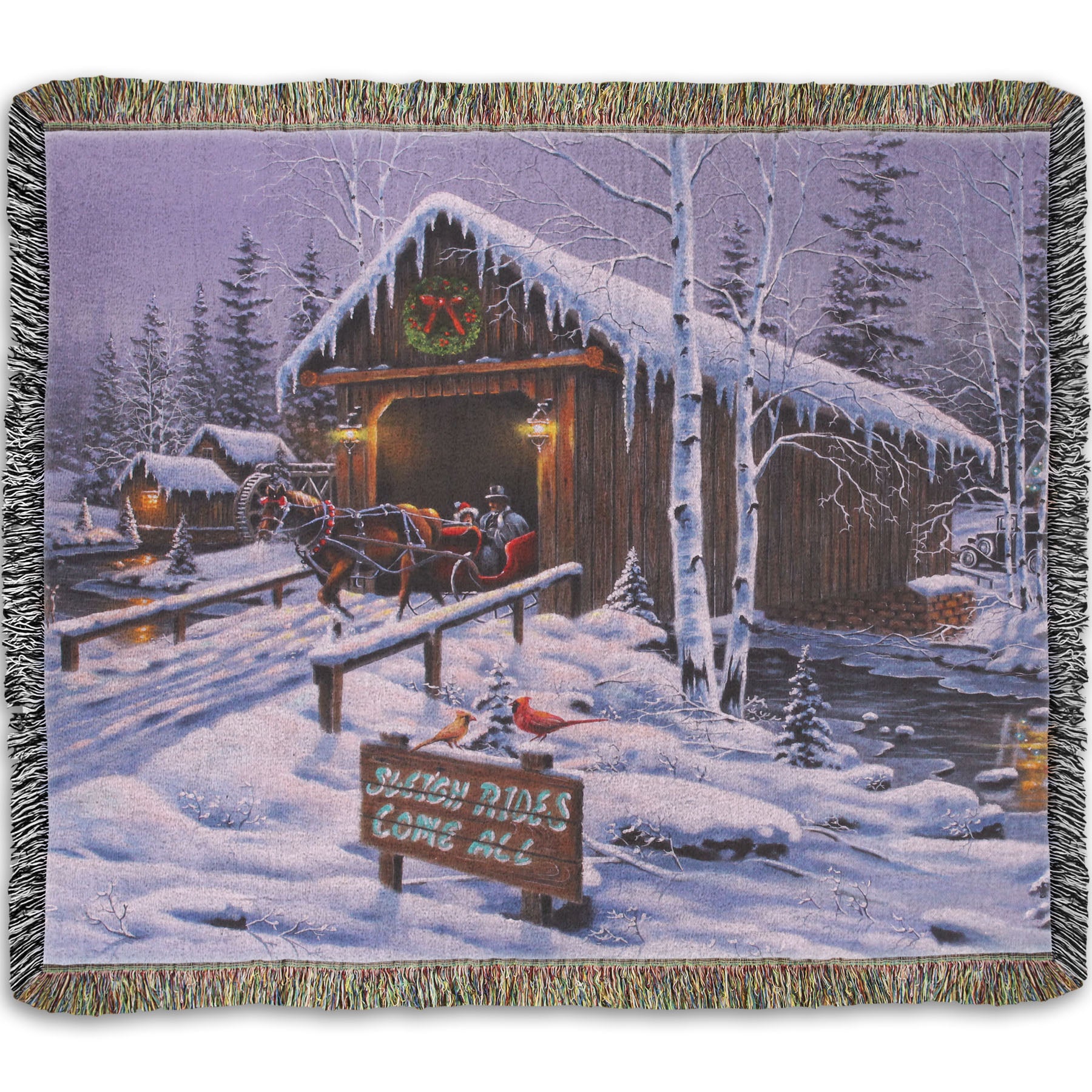 A woven throw blanket designed with a painting of people going for a ride in a horse-drawn sleigh on a snowy night.