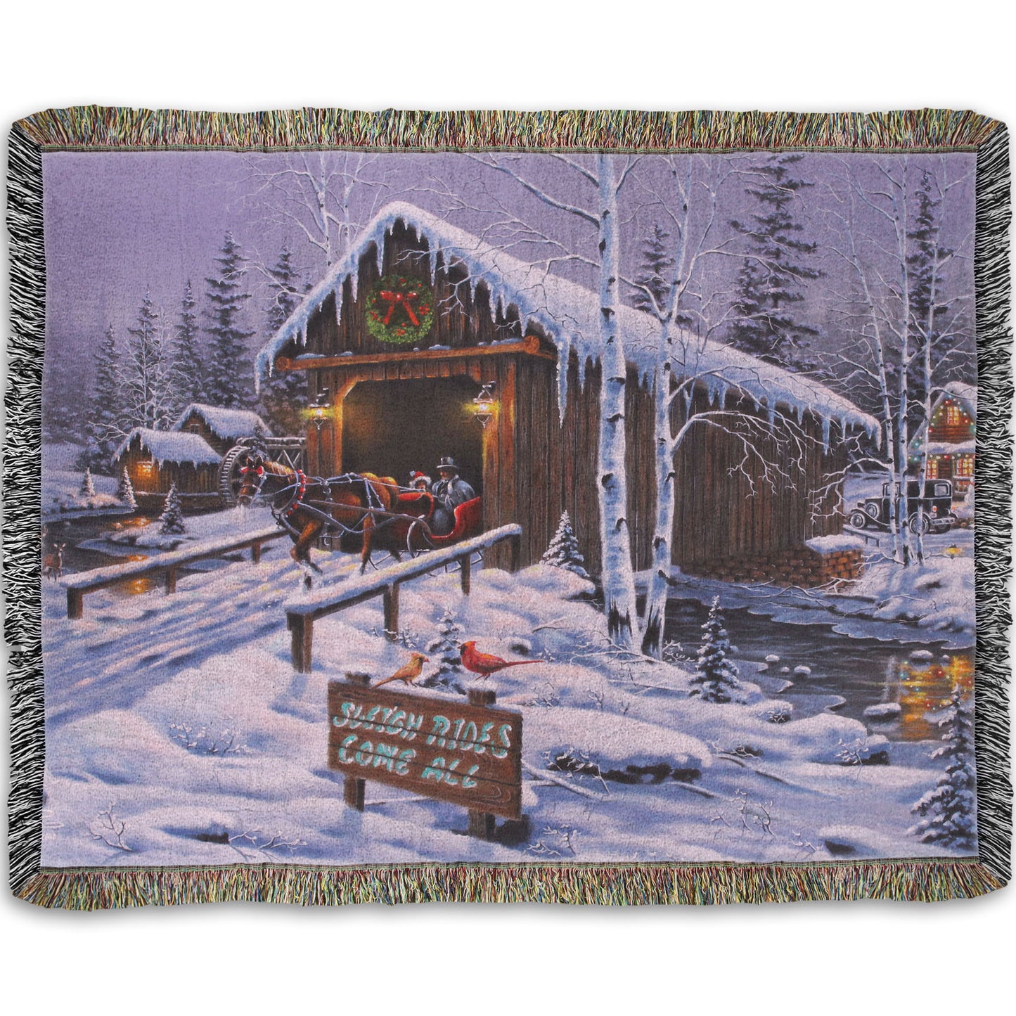 A woven throw blanket designed with a painting of people going for a ride in a horse-drawn sleigh on a snowy night.