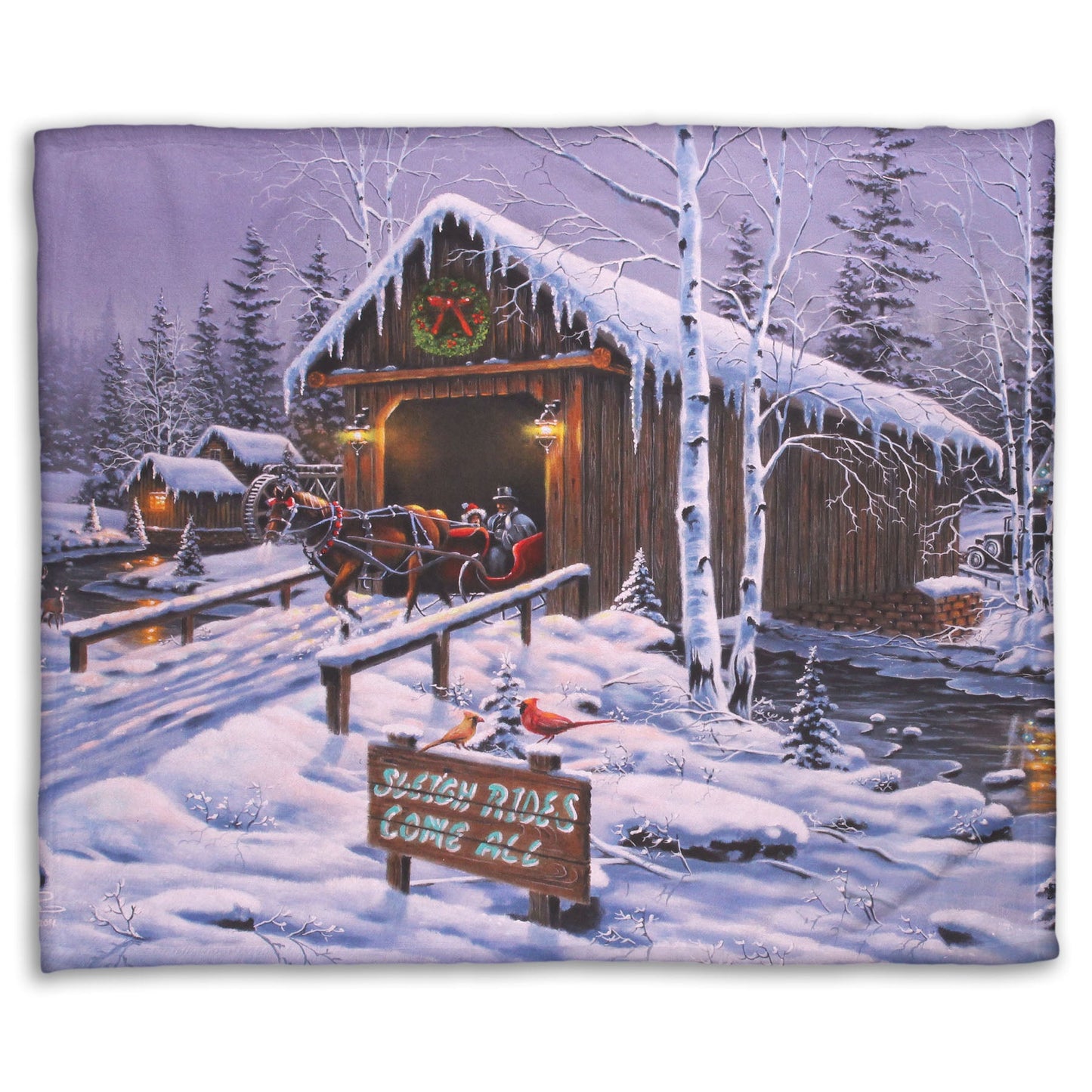 A coral fleece blanket designed with a painting of people going for a ride in a horse-drawn sleigh on a snowy night.