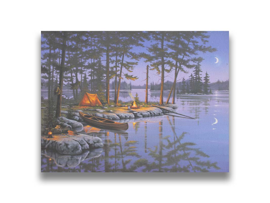 A painting of a small campsite by a forested lake. A canoe sits in the water beside a stone strewn with fishing gear. The night sky reflects off the water in purples and blues. Printed on canvas.