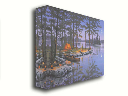 A painting of a small campsite by a forested lake. A canoe sits in the water beside a stone strewn with fishing gear. The night sky reflects off the water in purples and blues. Printed on canvas.