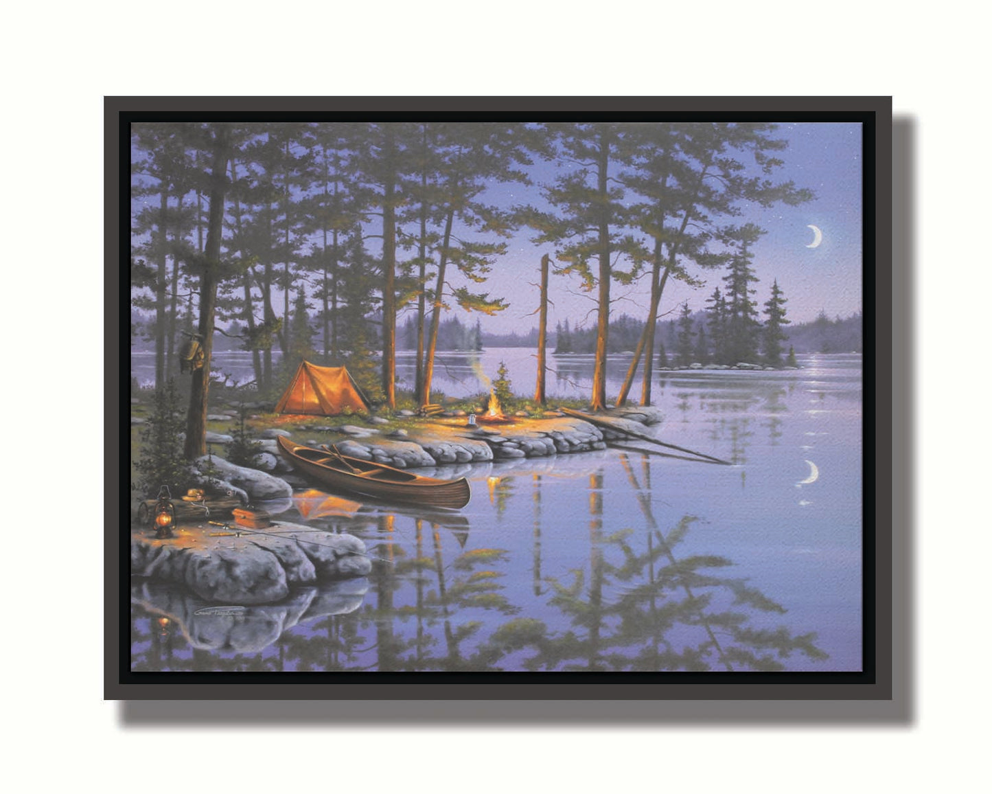 A painting of a small campsite by a forested lake. A canoe sits in the water beside a stone strewn with fishing gear. The night sky reflects off the water in purples and blues. Printed on canvas in a float frame.