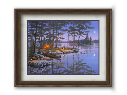 A painting of a small campsite by a forested lake. A canoe sits in the water beside a stone strewn with fishing gear. The night sky reflects off the water in purples and blues. Printed on paper, matted, and framed.