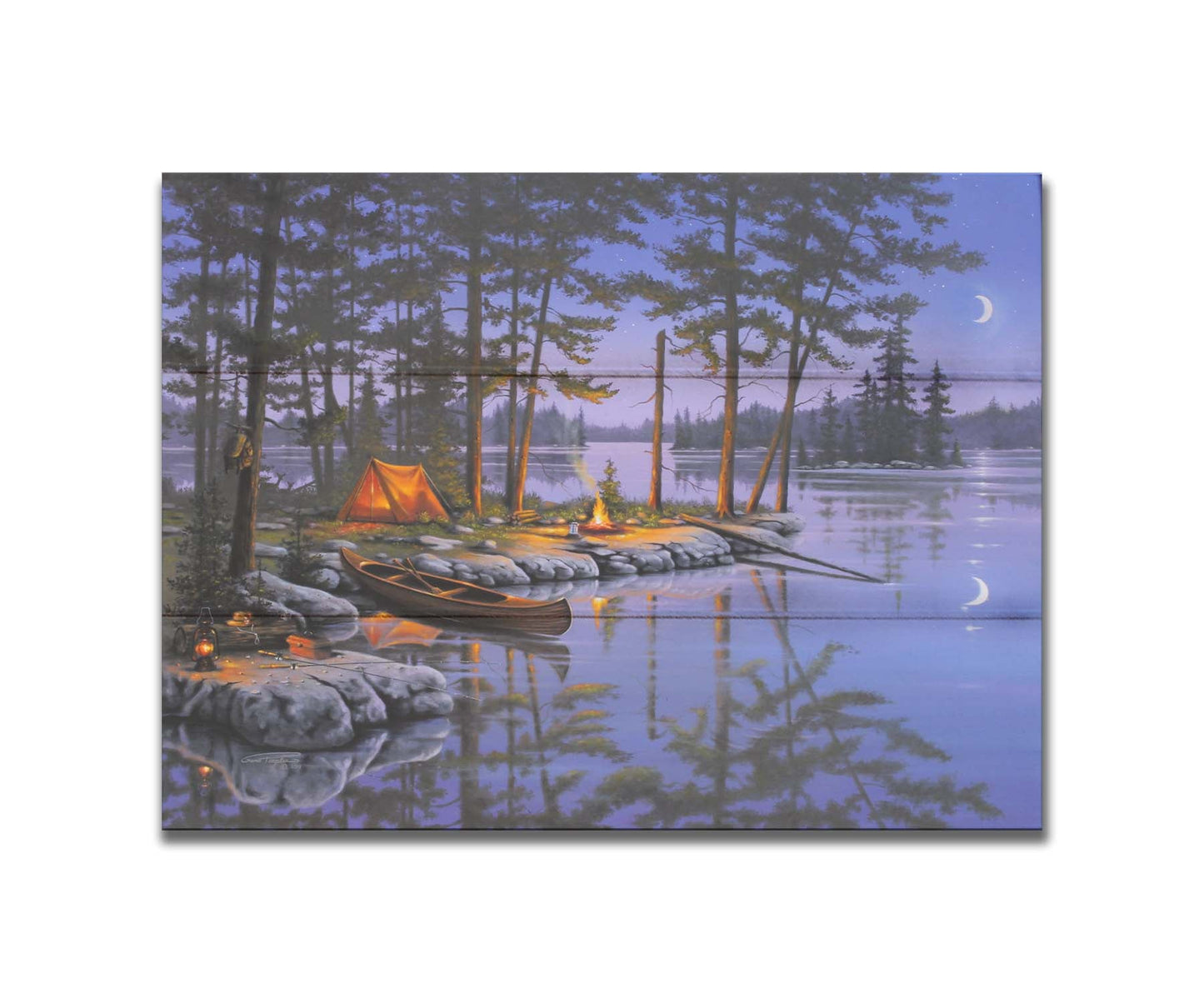 A painting of a small campsite by a forested lake. A canoe sits in the water beside a stone strewn with fishing gear. The night sky reflects off the water in purples and blues. Printed on a box board.