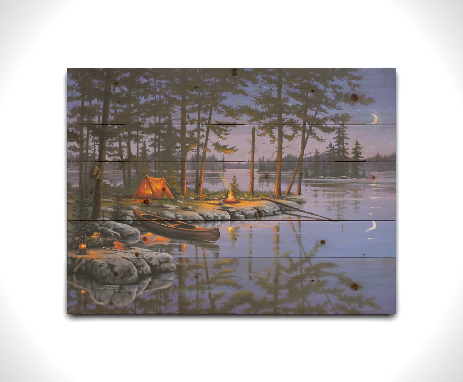 A painting of a small campsite by a forested lake. A canoe sits in the water beside a stone strewn with fishing gear. The night sky reflects off the water in purples and blues. Printed on a wood pallet.