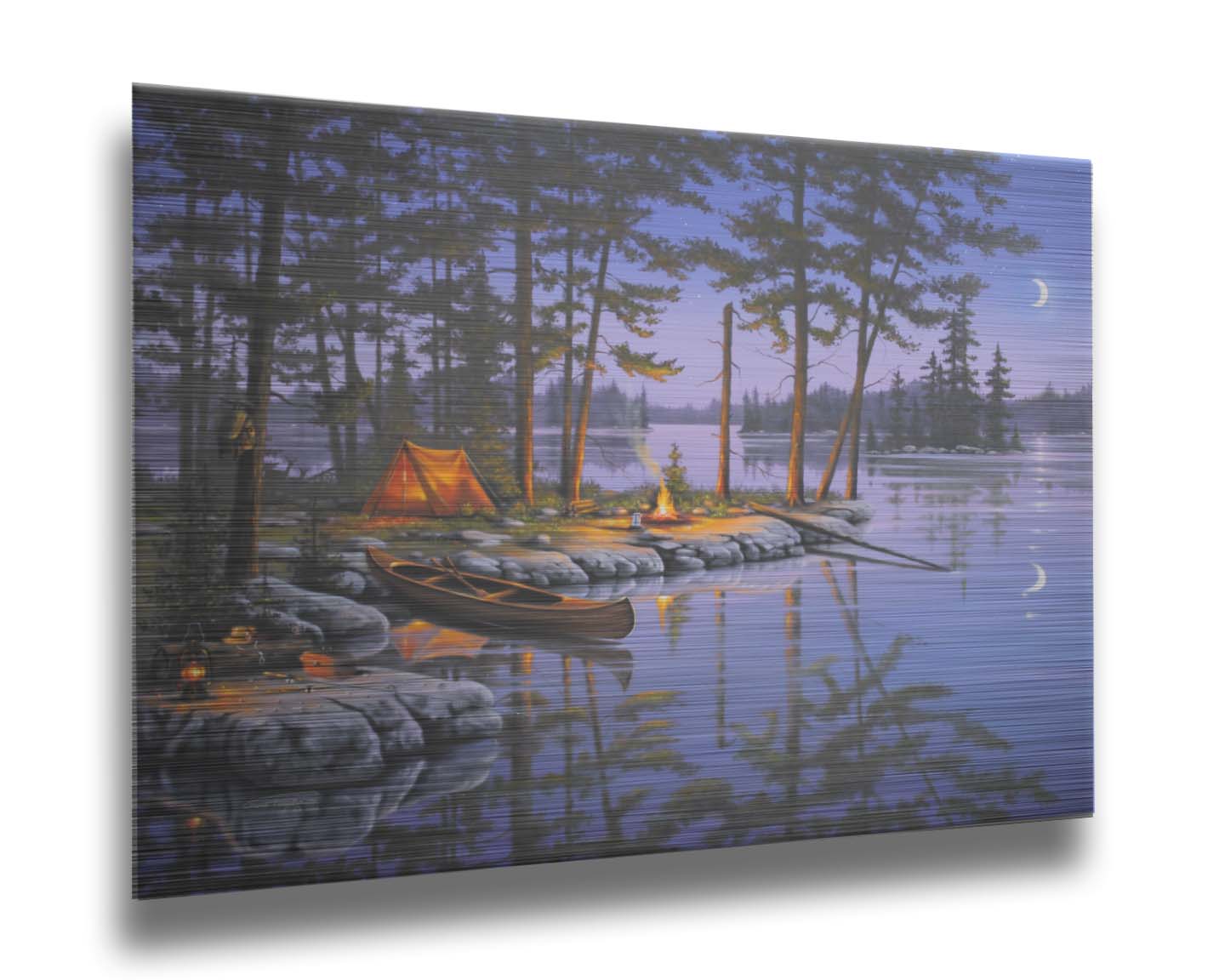 A painting of a small campsite by a forested lake. A canoe sits in the water beside a stone strewn with fishing gear. The night sky reflects off the water in purples and blues. Printed on metal.