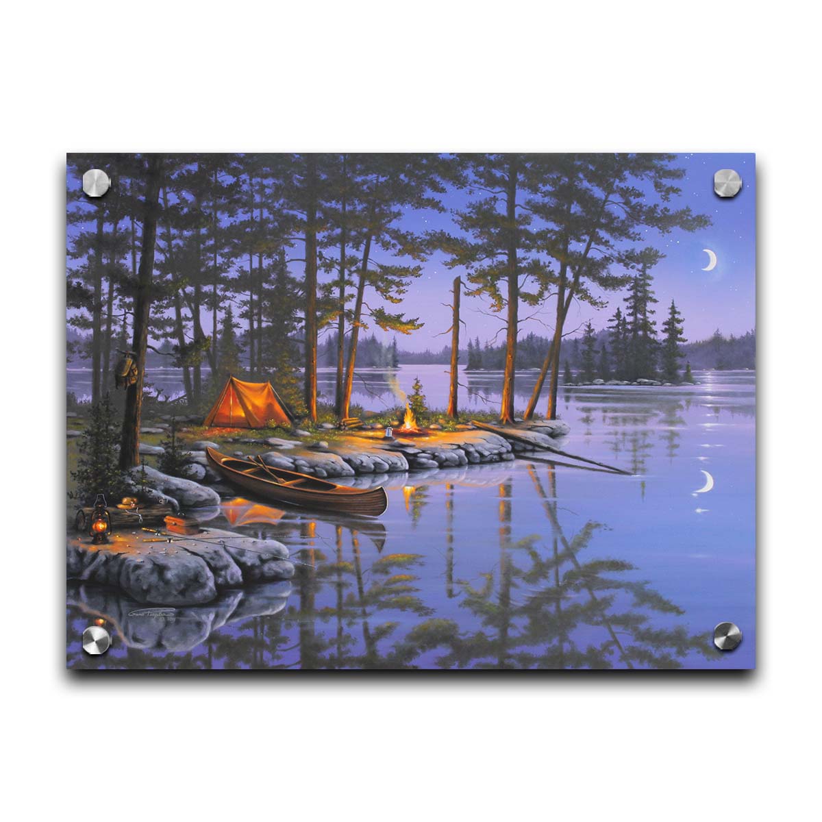 A painting of a small campsite by a forested lake. A canoe sits in the water beside a stone strewn with fishing gear. The night sky reflects off the water in purples and blues. Printed on acrylic.