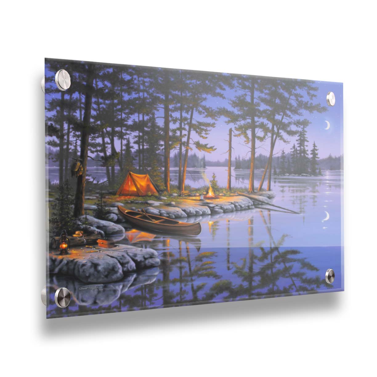 A painting of a small campsite by a forested lake. A canoe sits in the water beside a stone strewn with fishing gear. The night sky reflects off the water in purples and blues. Printed on acrylic.