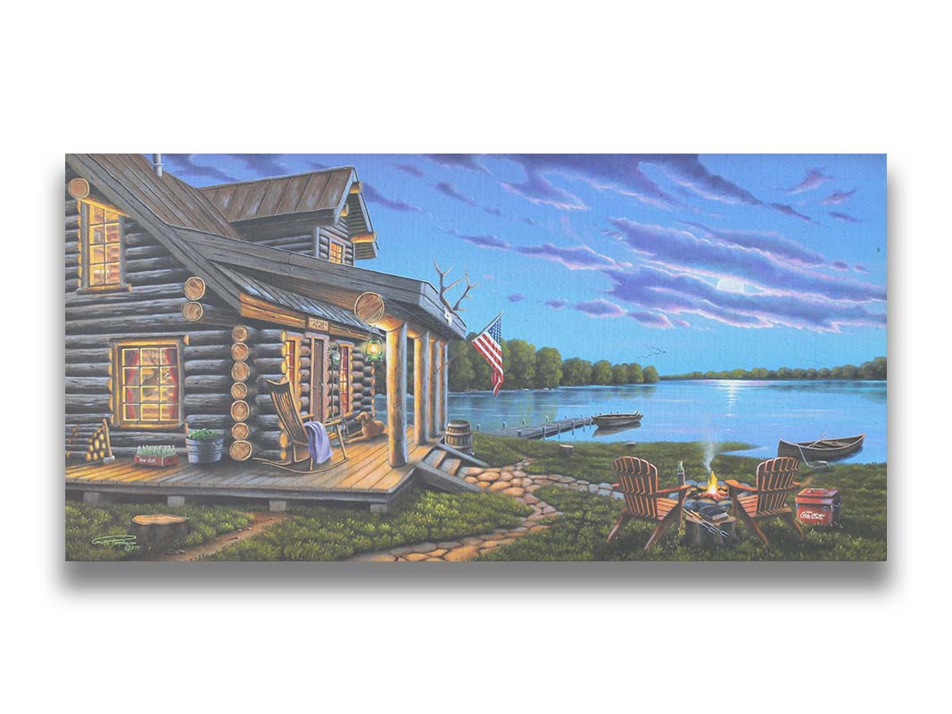 A painting of a lakeside cabin at moonrise. A stone path leads from the porch to a small campfire, as well as down to a dock where canoes rest on the water. Printed on canvas.