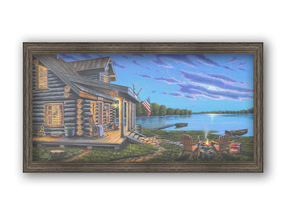 A painting of a lakeside cabin at moonrise. A stone path leads from the porch to a small campfire, as well as down to a dock where canoes rest on the water. Printed on canvas and framed.