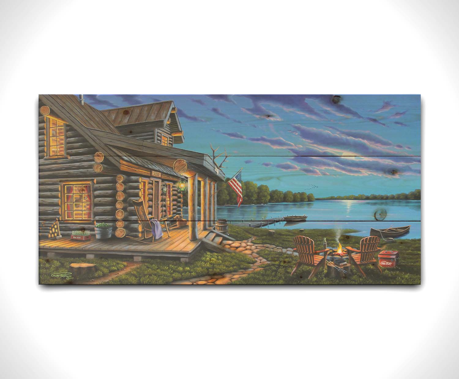 A painting of a lakeside cabin at moonrise. A stone path leads from the porch to a small campfire, as well as down to a dock where canoes rest on the water. Printed on a wood pallet.