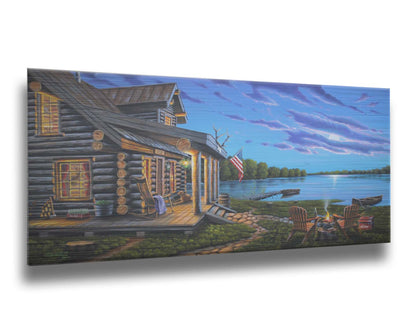 A painting of a lakeside cabin at moonrise. A stone path leads from the porch to a small campfire, as well as down to a dock where canoes rest on the water. Printed on metal.