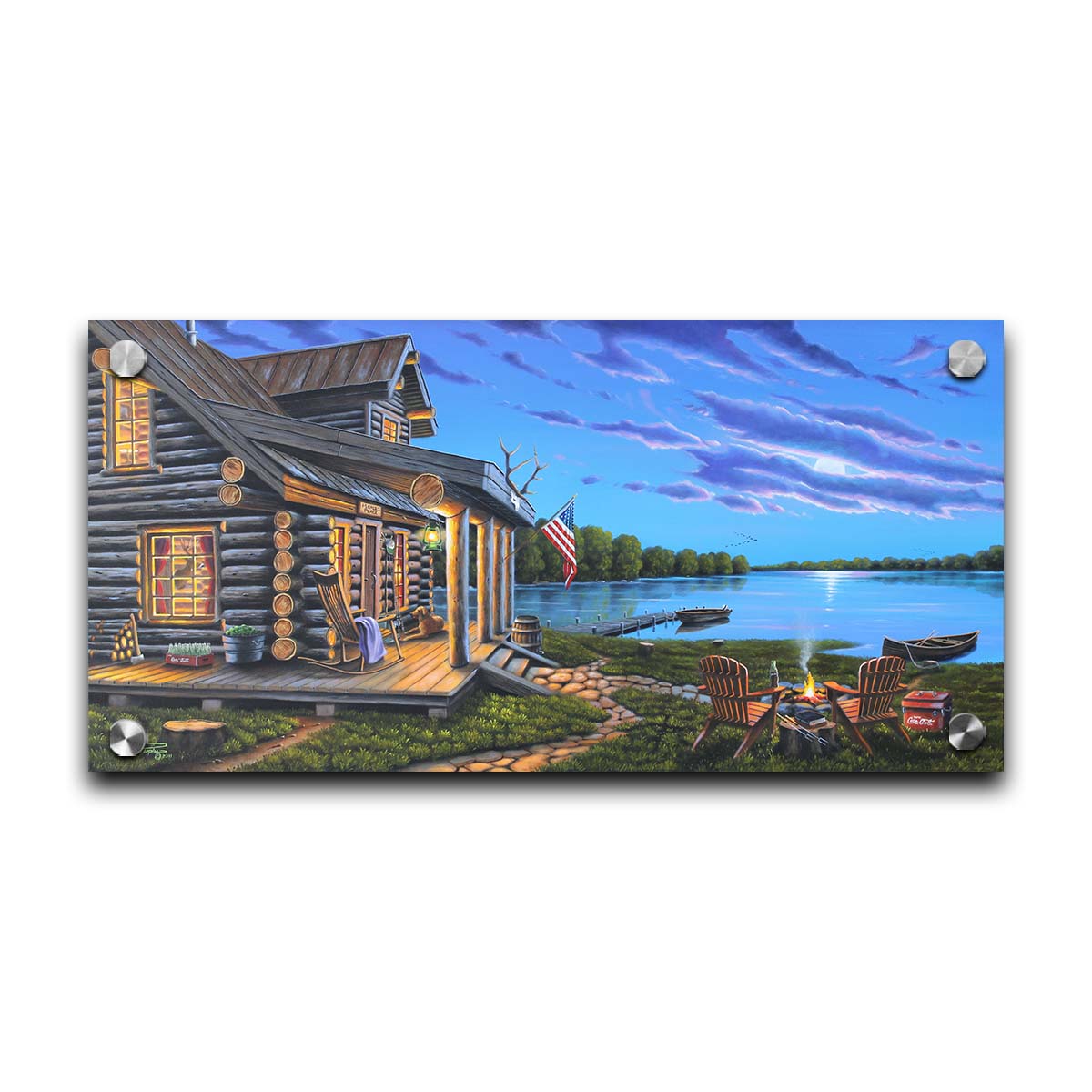 A painting of a lakeside cabin at moonrise. A stone path leads from the porch to a small campfire, as well as down to a dock where canoes rest on the water. Printed on acrylic.