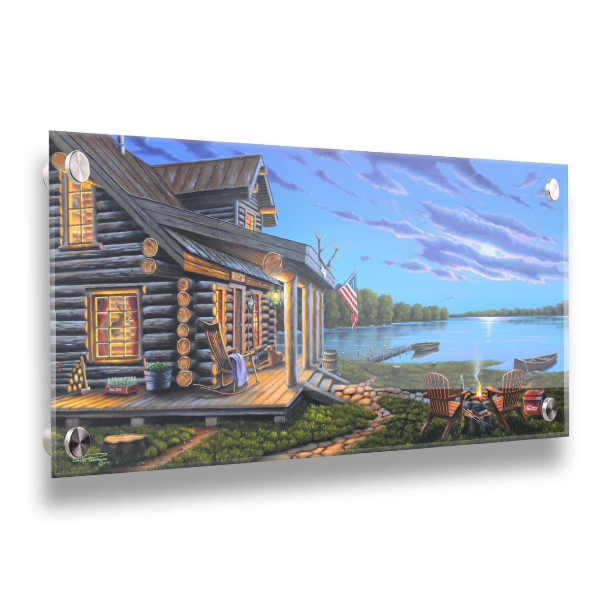 A painting of a lakeside cabin at moonrise. A stone path leads from the porch to a small campfire, as well as down to a dock where canoes rest on the water. Printed on acrylic.