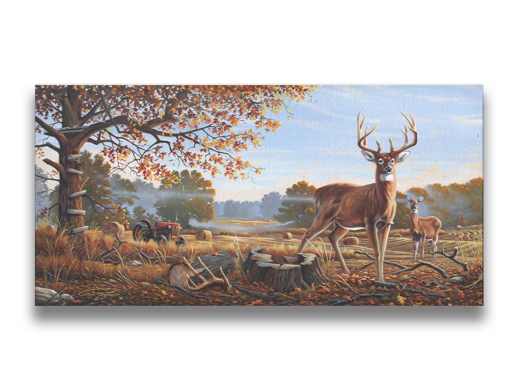 A painting of two deer standing in a foggy field, where the hay has been cut and baled. There is an empty hunting stand atop the tree behind them. Printed on canvas.