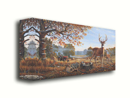 A painting of two deer standing in a foggy field, where the hay has been cut and baled. There is an empty hunting stand atop the tree behind them. Printed on canvas.