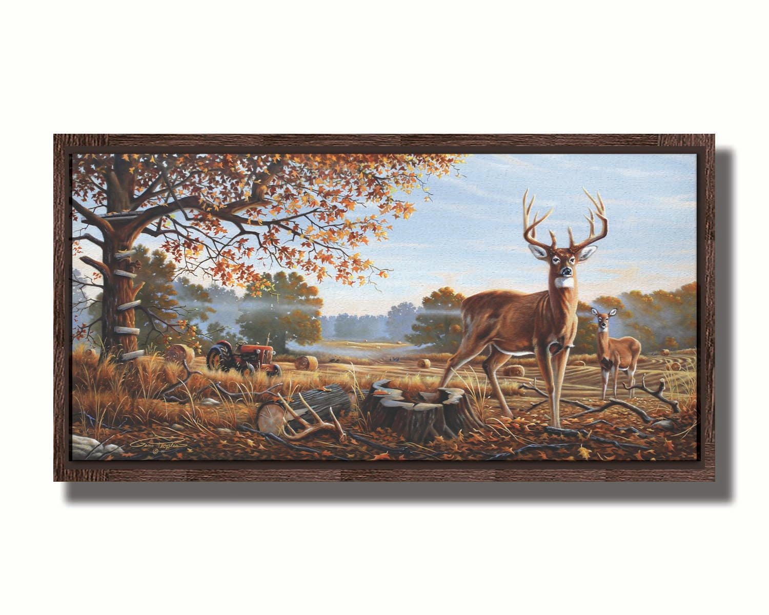 A painting of two deer standing in a foggy field, where the hay has been cut and baled. There is an empty hunting stand atop the tree behind them. Printed on canvas in a float frame.