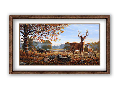 A painting of two deer standing in a foggy field, where the hay has been cut and baled. There is an empty hunting stand atop the tree behind them. Printed on paper, matted, and framed.