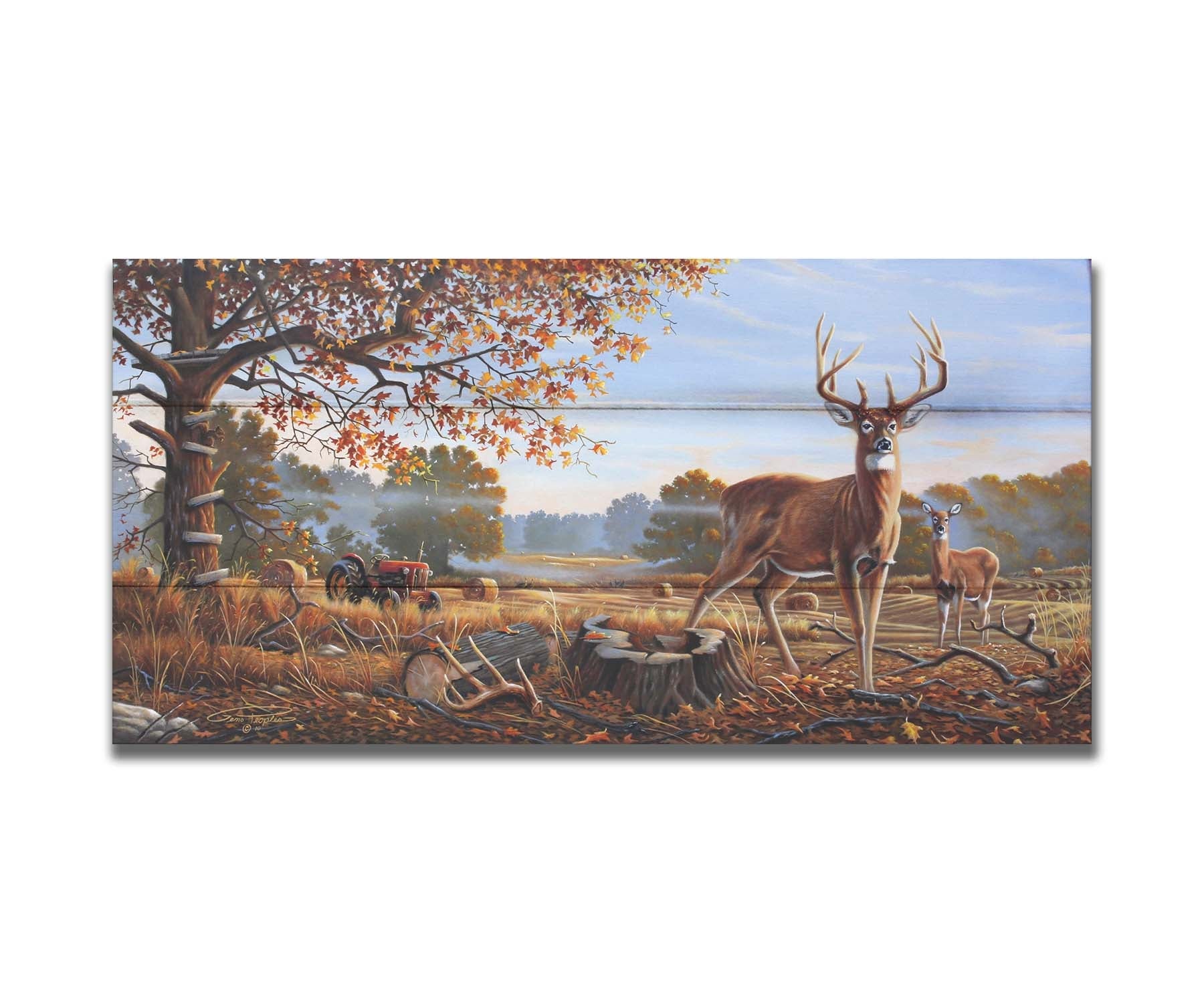 A painting of two deer standing in a foggy field, where the hay has been cut and baled. There is an empty hunting stand atop the tree behind them. Printed on a box board.