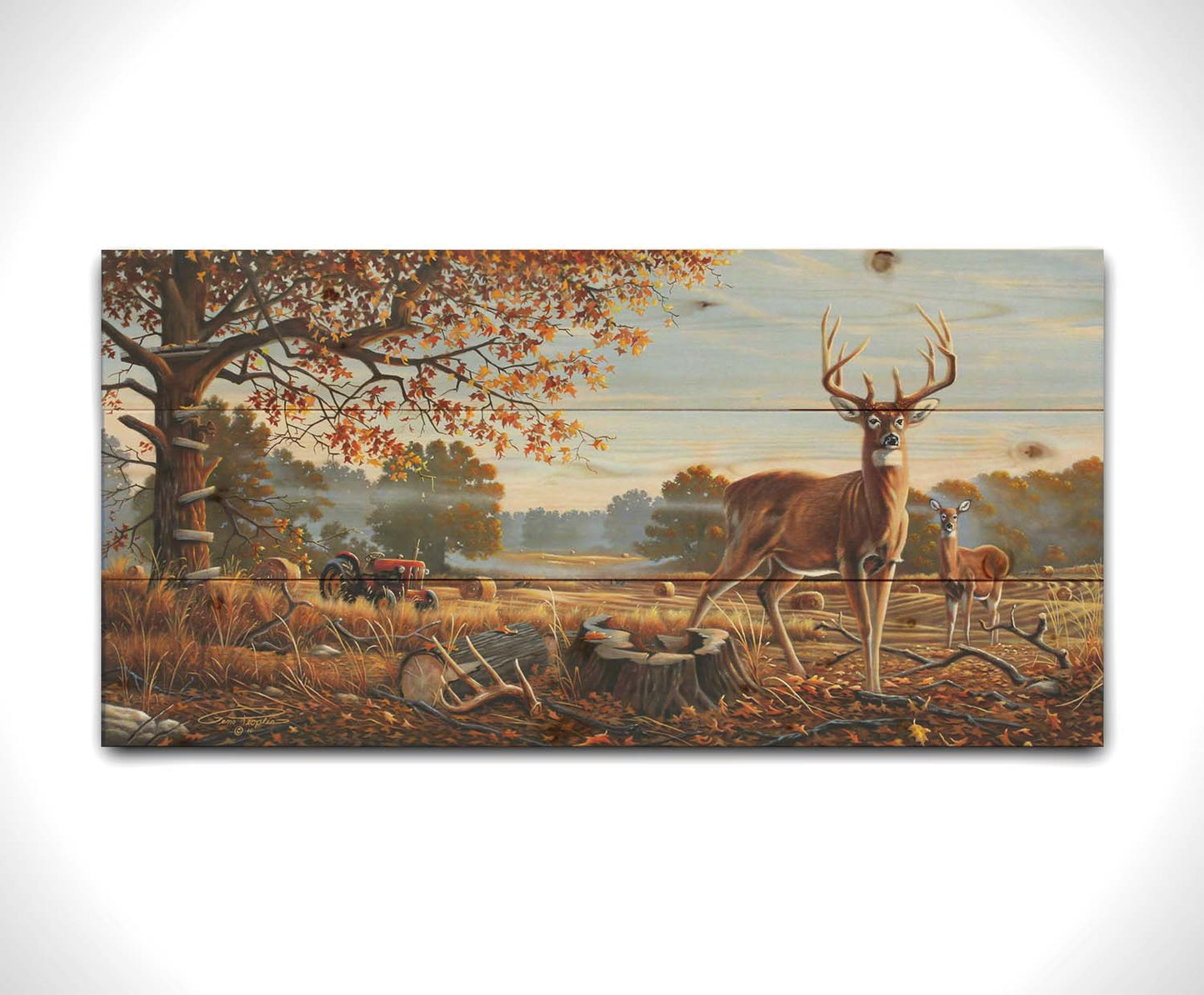 A painting of two deer standing in a foggy field, where the hay has been cut and baled. There is an empty hunting stand atop the tree behind them. Printed on a wood pallet.