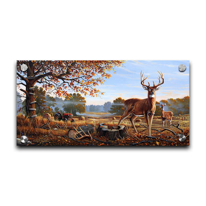 A painting of two deer standing in a foggy field, where the hay has been cut and baled. There is an empty hunting stand atop the tree behind them. Printed on acrylic.