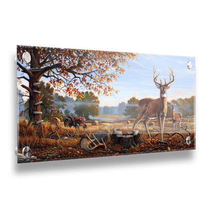 A painting of two deer standing in a foggy field, where the hay has been cut and baled. There is an empty hunting stand atop the tree behind them. Printed on acrylic.