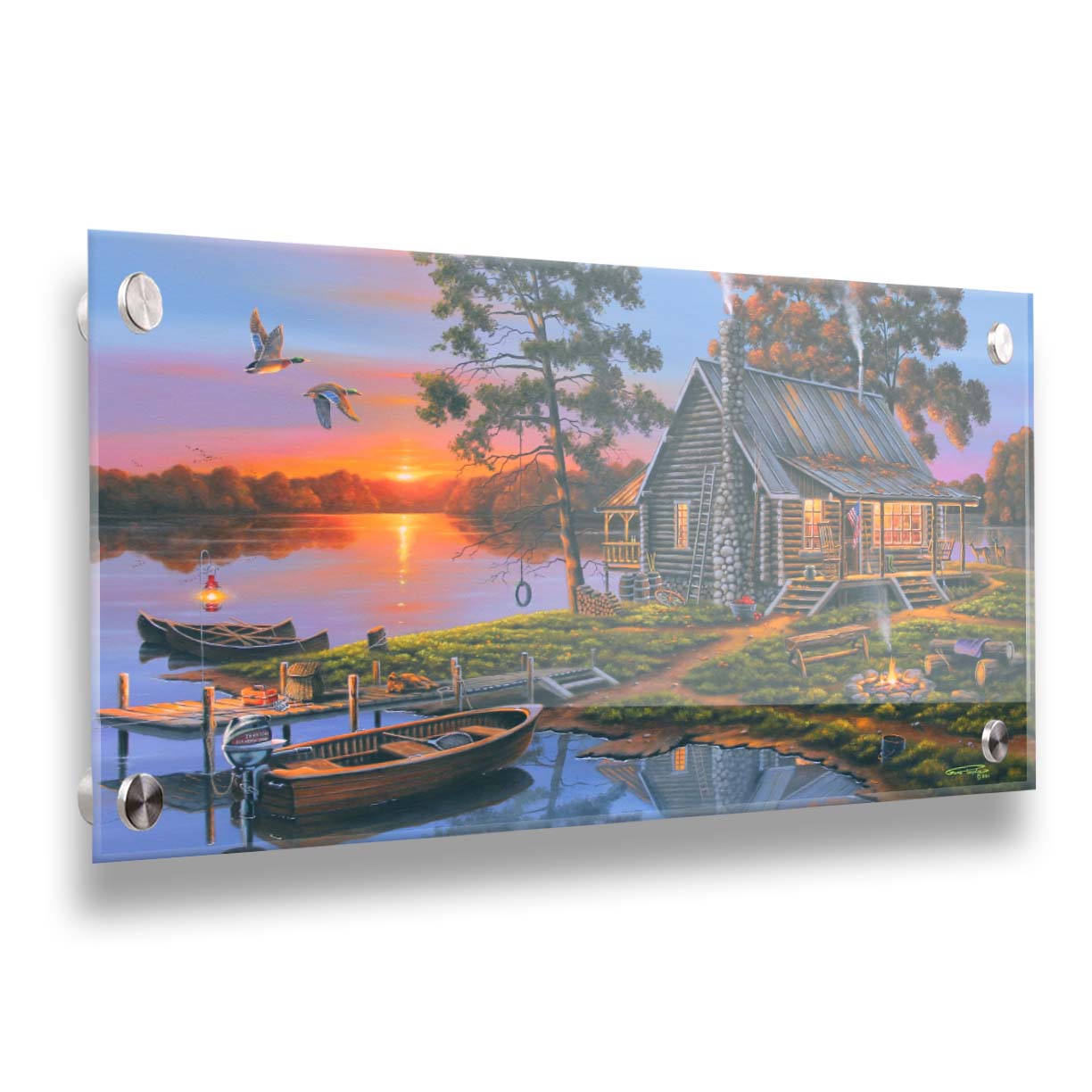 A painting of a lakeside cabin in a deciduous forest of the United States. The sunset is reflected by the water, where several small boats are docked. A lit campfire, deer, geese, and dog bring extra life to the scene. Printed on acrylic.