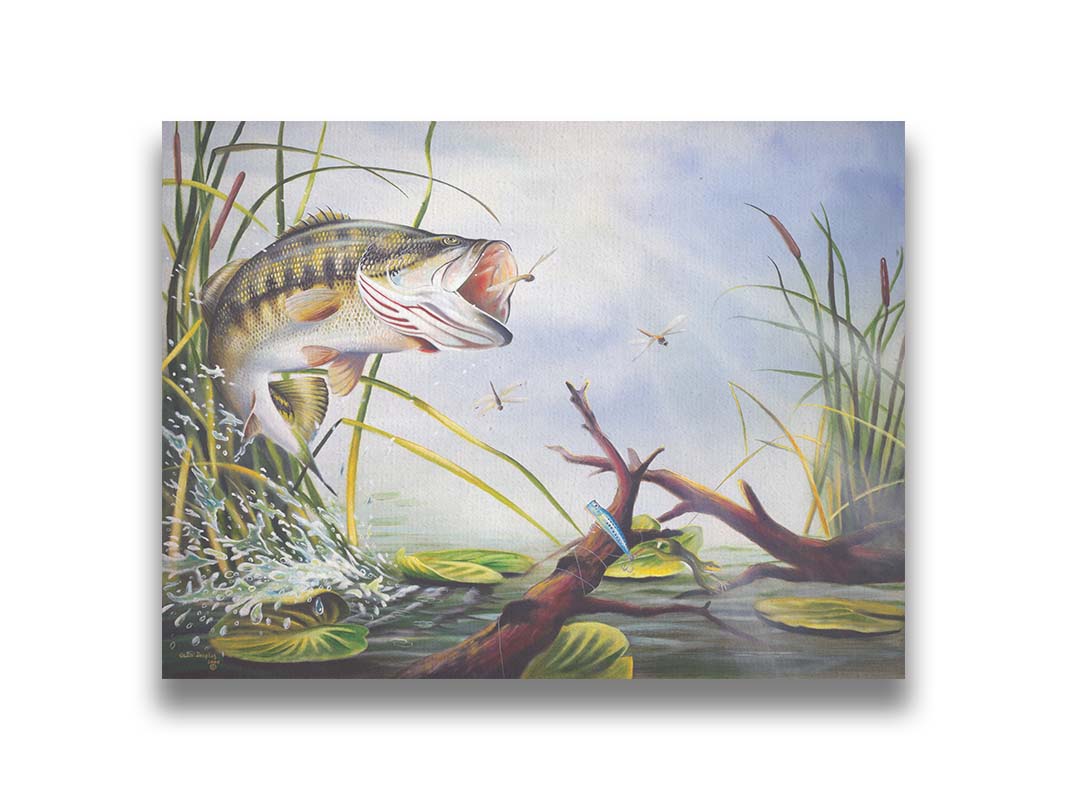 A painting of a largemouth bass leaping out of the water to catch a dragonfly. A fishing line and hook are stuck nearby, wrapped around a branch in the water. Printed on canvas.