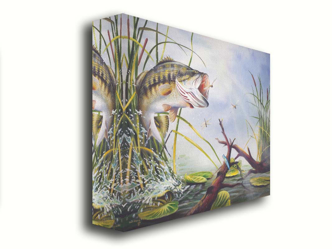 A painting of a largemouth bass leaping out of the water to catch a dragonfly. A fishing line and hook are stuck nearby, wrapped around a branch in the water. Printed on canvas.