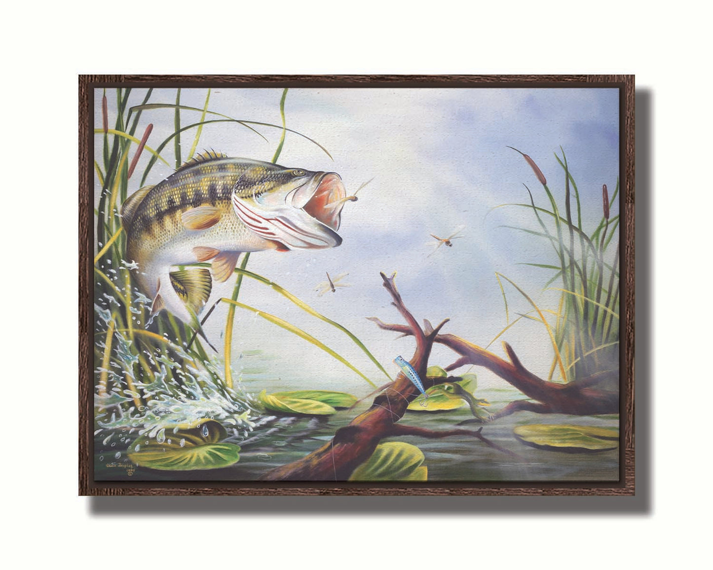 A painting of a largemouth bass leaping out of the water to catch a dragonfly. A fishing line and hook are stuck nearby, wrapped around a branch in the water. Printed on canvas in a float frame.