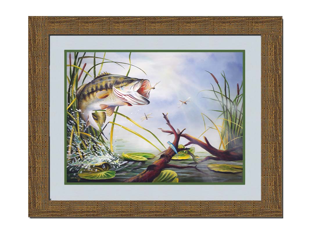 A painting of a largemouth bass leaping out of the water to catch a dragonfly. A fishing line and hook are stuck nearby, wrapped around a branch in the water. Printed on paper, matted, and framed.