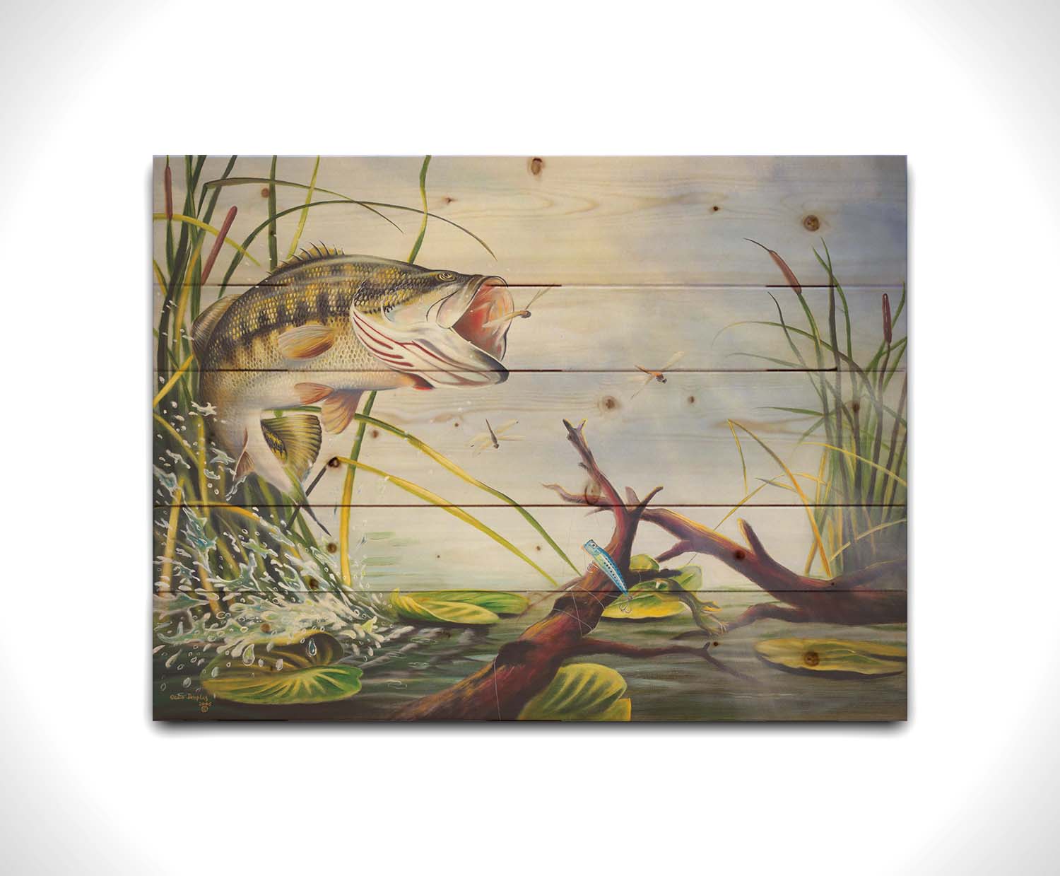 A painting of a largemouth bass leaping out of the water to catch a dragonfly. A fishing line and hook are stuck nearby, wrapped around a branch in the water. Printed on a wood pallet.