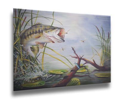 A painting of a largemouth bass leaping out of the water to catch a dragonfly. A fishing line and hook are stuck nearby, wrapped around a branch in the water. Printed on metal.