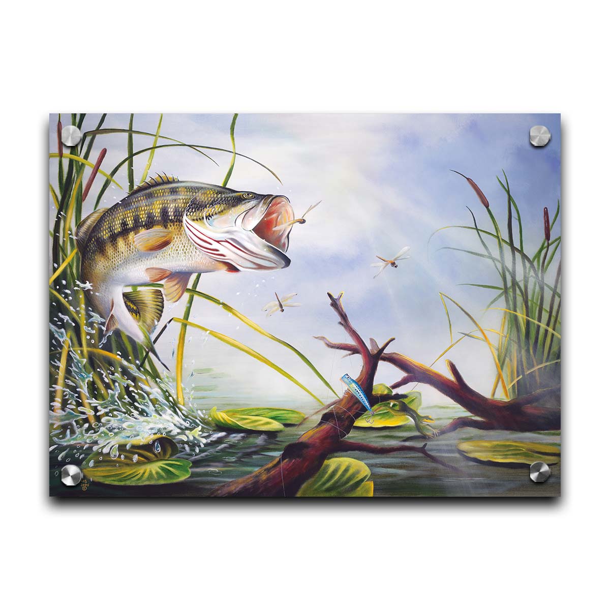 A painting of a largemouth bass leaping out of the water to catch a dragonfly. A fishing line and hook are stuck nearby, wrapped around a branch in the water. Printed on acrylic.